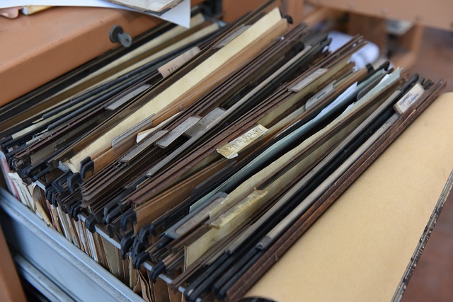 An office cabinet containing many document folders.
