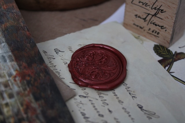 Close-up view of a red wax seal on a paper.
