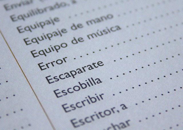 A book page with a list of Spanish words.