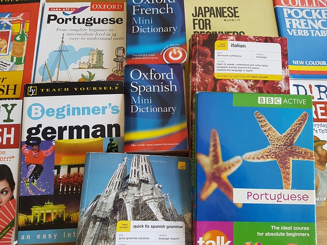 An array of language books in different languages.
