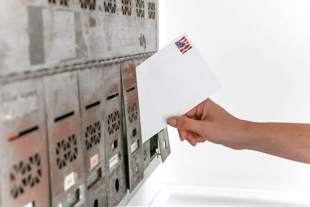 A person puts an envelope with the U.S. flag stamp in a box.
