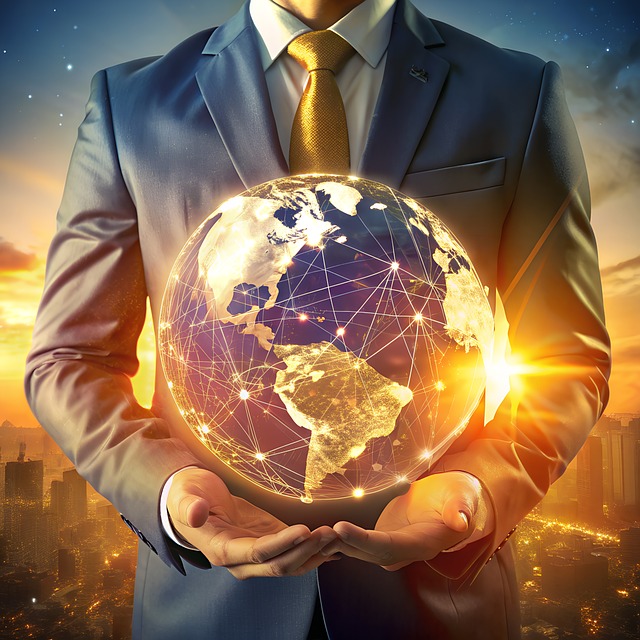 An illustration of a person wearing a blue suit carrying an earth globe.
