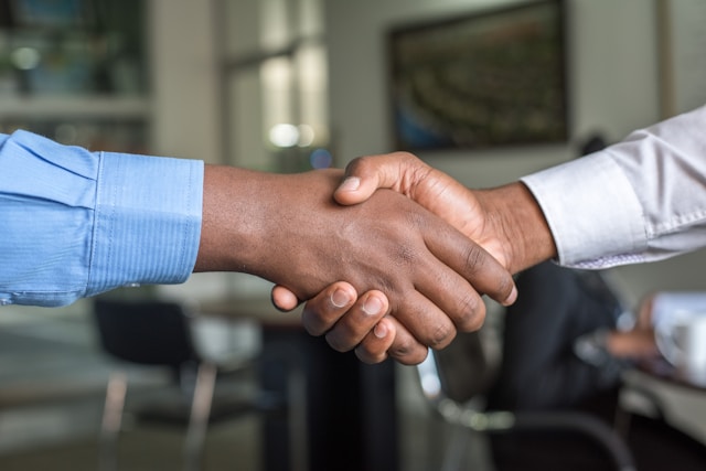 Two people shake hands to seal a deal. 
