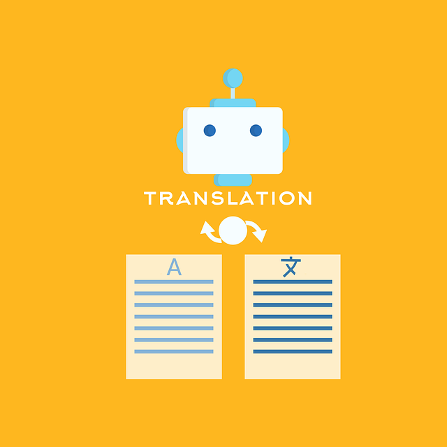 An illustration of a robot head above two translated documents.
