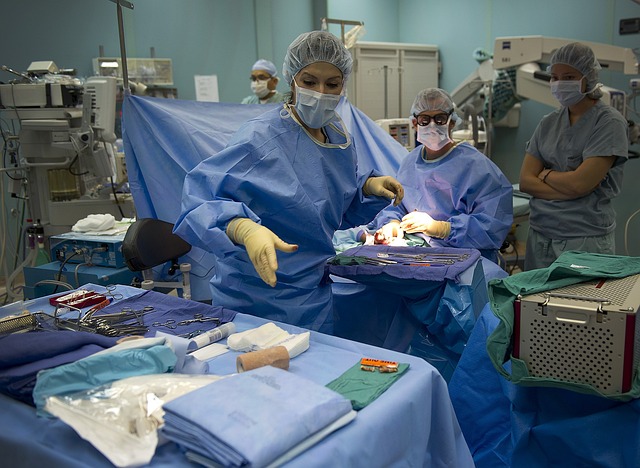 Medical professionals wearing blue scrubs and nose masks are inside the operating room.
