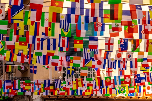 Flags of countries that speak different languages.
