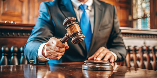 A person wearing a blue suit uses a gavel.