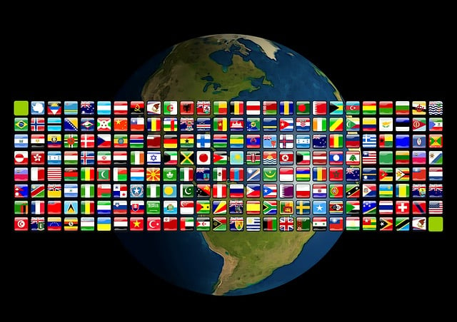 Flags on a grid with a globe in the background.
