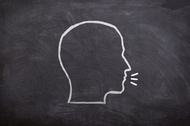 An illustration of a head speaking drawn with chalk on a blackboard.