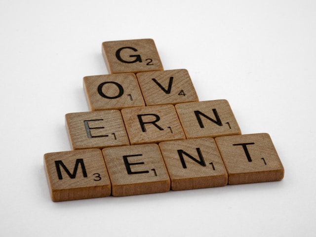 Scrabble tiles arranged to spell “GOVERNMENT.”