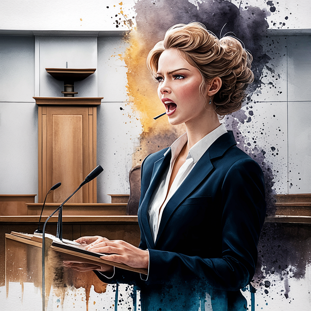 An illustration of a person wearing a black suit speaking in a courtroom.
