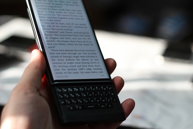 A person holds a black smartphone displaying some text.
