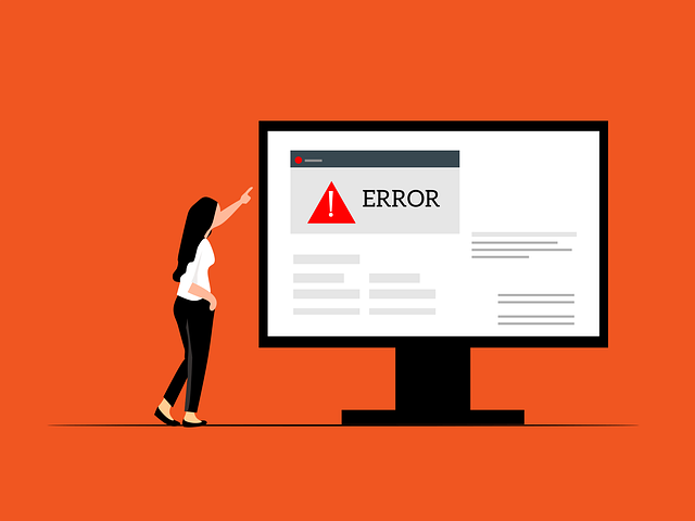 An illustration in which a lady points to an error message on a monitor’s screen.
