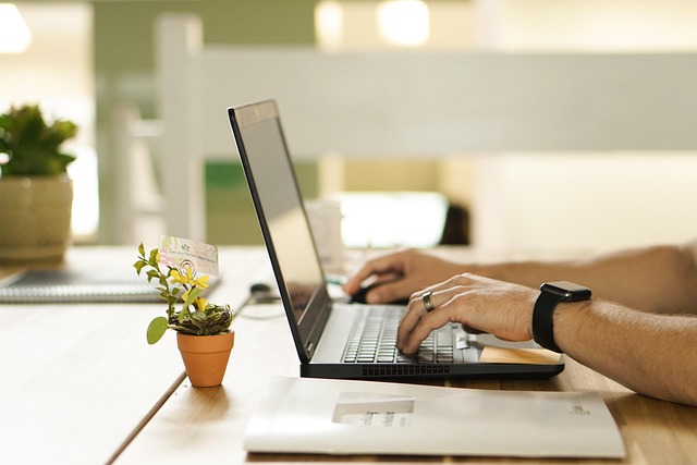 A hand wearing a black wristwatch presses a laptop beside a folder and flowerpot.
