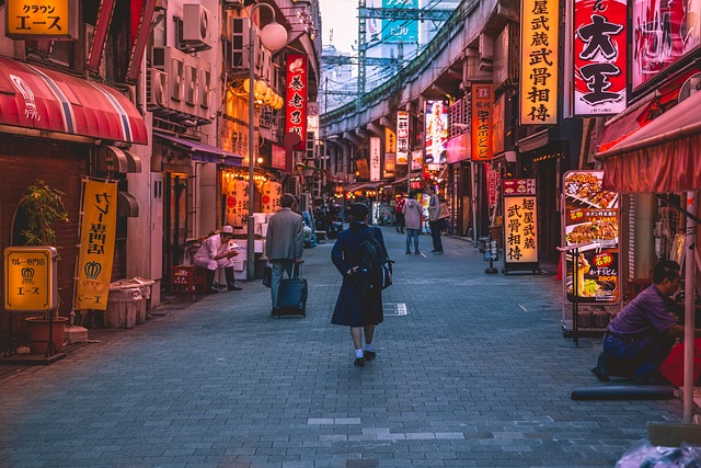 A Japanese shopping alley with Japanese characters on shop signposts.
