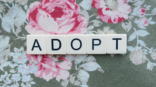 Scrabble tiles spell “Adoption” on a flower-patterned background.