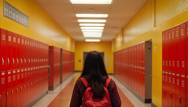 Back view of a student inside a school hallway.
