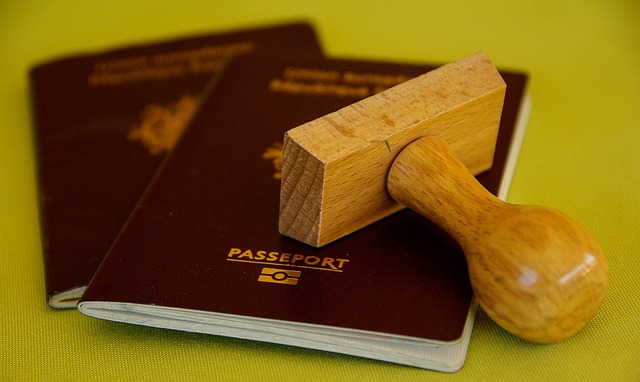 A wooden stamp is on a passport booklet.