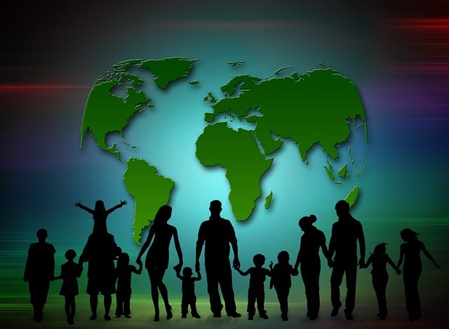 An illustration of parents and children holding hands with the world map in the background.
