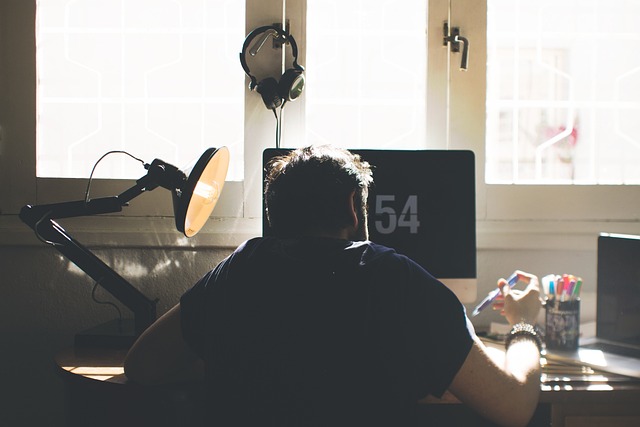 Back view of a person sitting in front of a computer and holding a pen.
