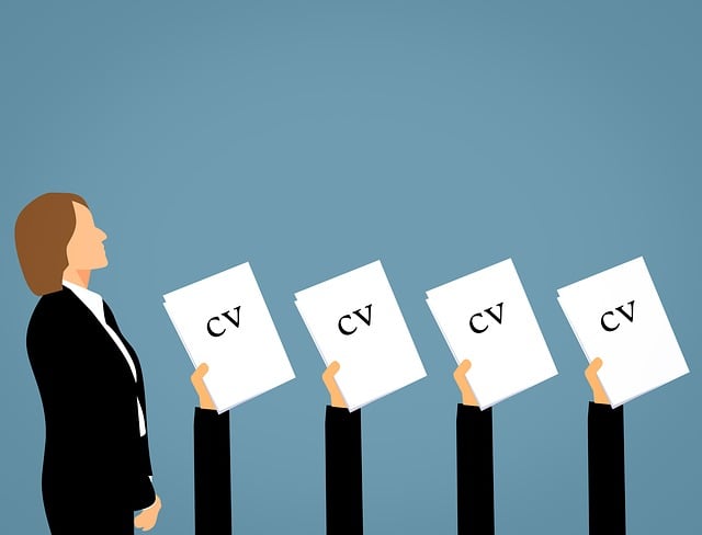 An illustration of different people presenting their CVs to a job recruiter.