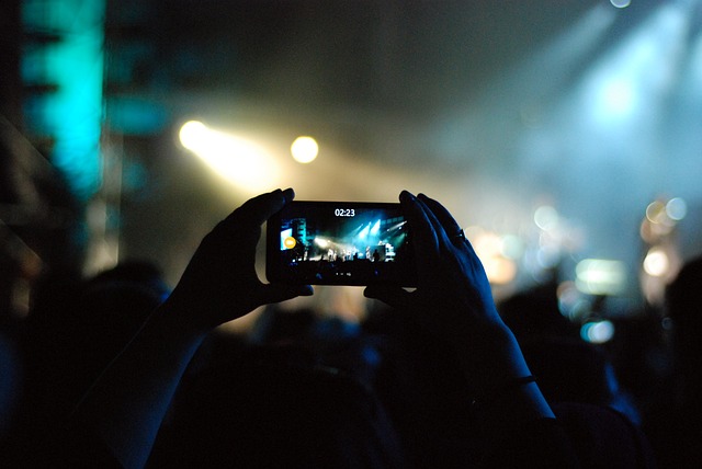 A person holds up a smartphone to record a video during a concert.
