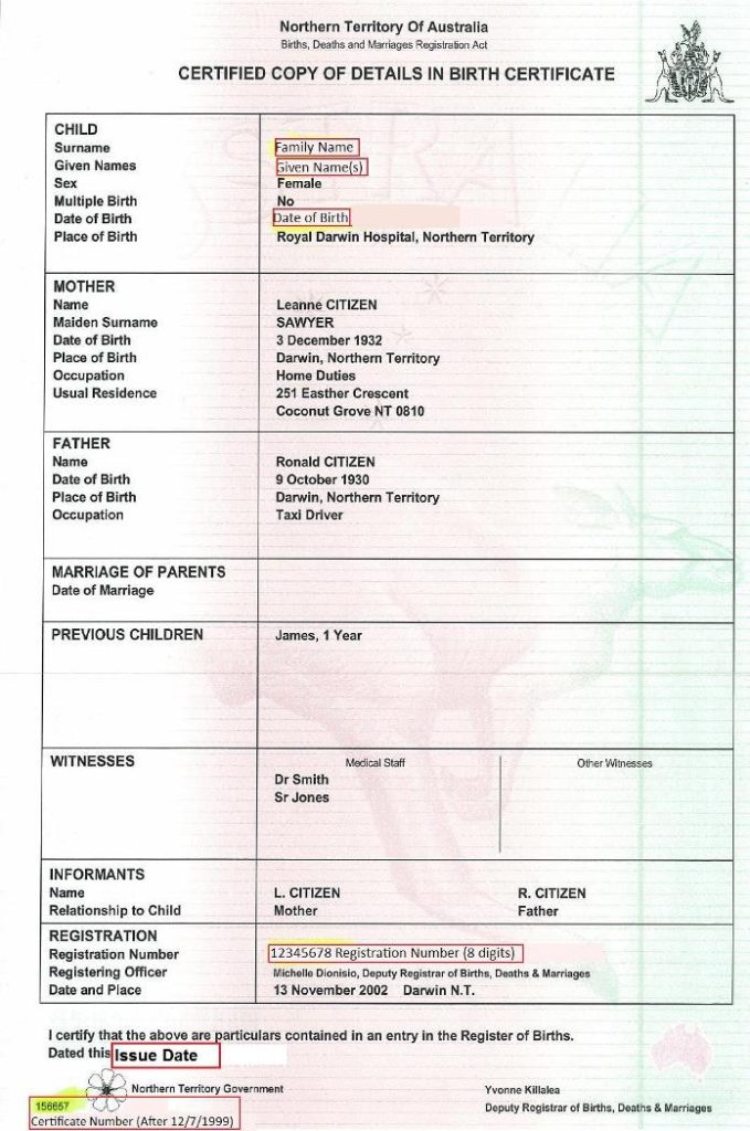 Example of a birth certificate of a potential adoptive parent.
