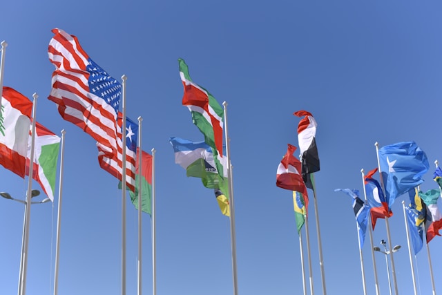 A collection of national flags blowing in the wind.