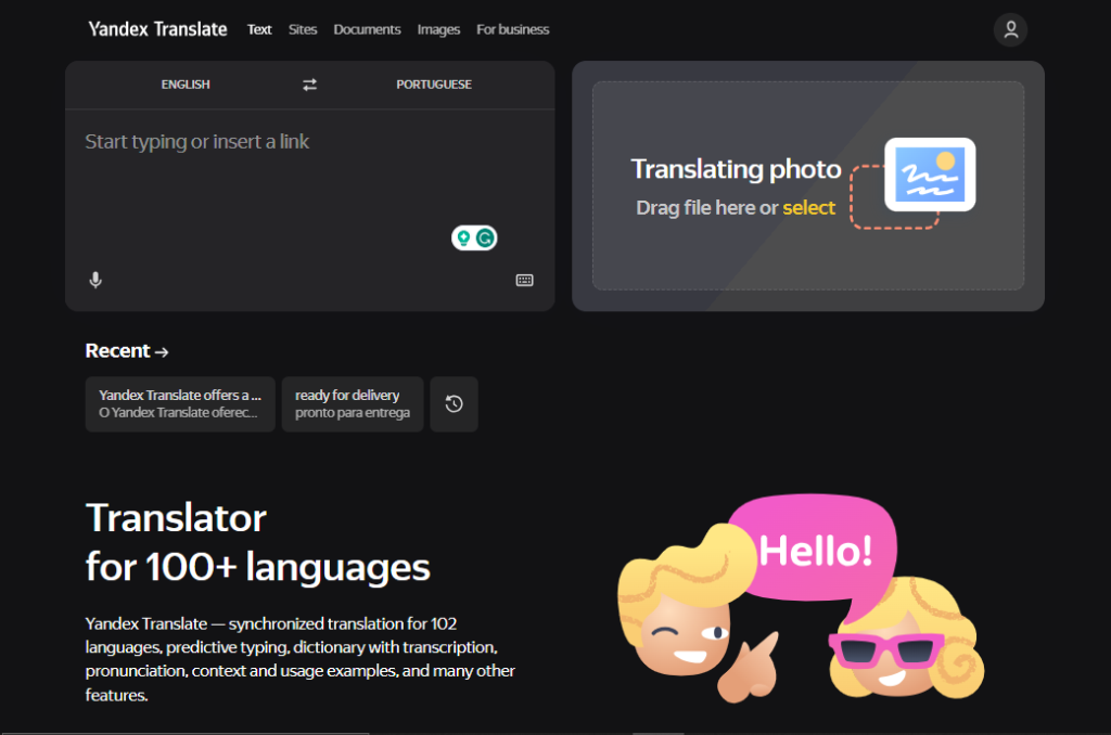 Rapid Translate 的 Yandex Translate 网站在桌面浏览器上的截图。
